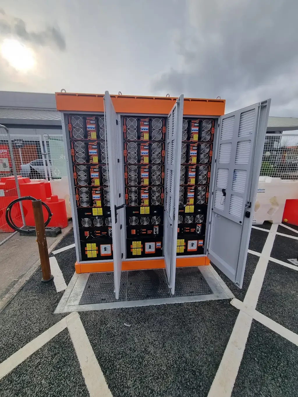 Open EV charging power cabinets installed outdoors